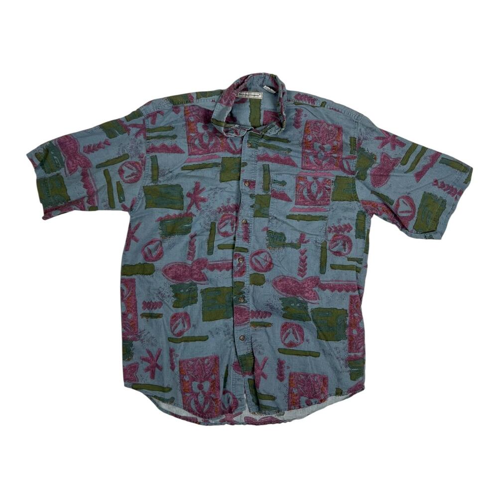 Vintage Bugle Boy Company Shirt Mens Medium Blue Hawaiian Tropical Ramie Cotton